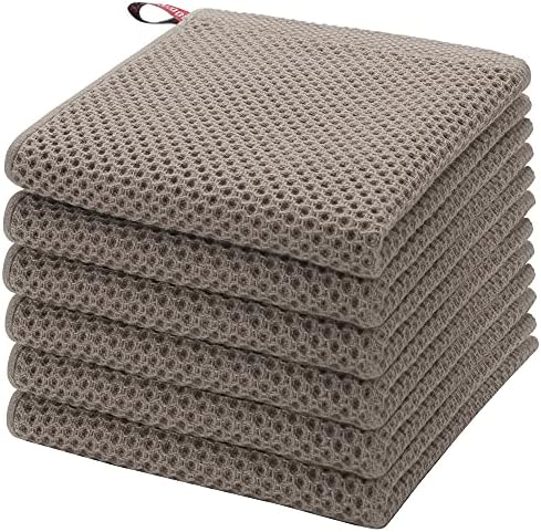 PiccoCasa 100% Cotton Dish Cloths Rags, Waffle Weave 6 Pcs 13x13 Brown
