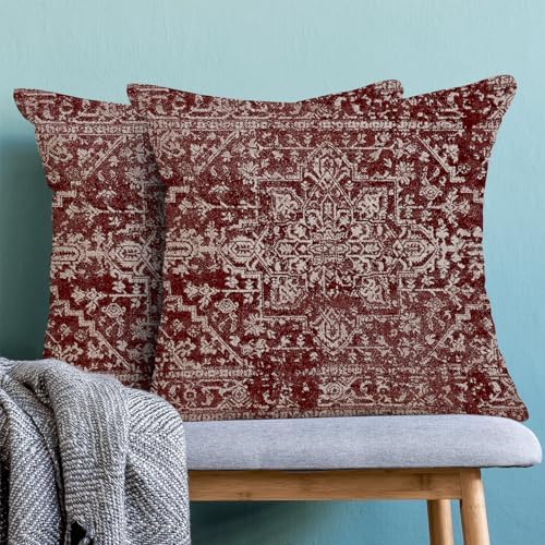 Boho Pillow Covers 18x18, Wine Red Burgundy Cream Ethnic Design