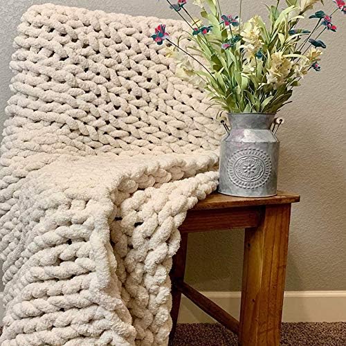 Chunky Knit Blanket Chenille Beige, Handmade Chunky Throw Blankets