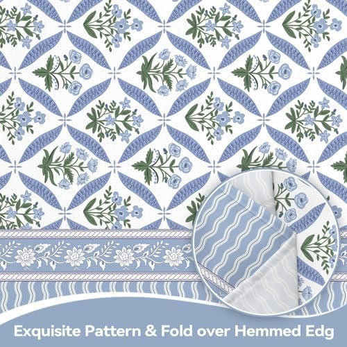 Block Print Floral Wipe Clean Square Table Cloth Blue 60x60inch