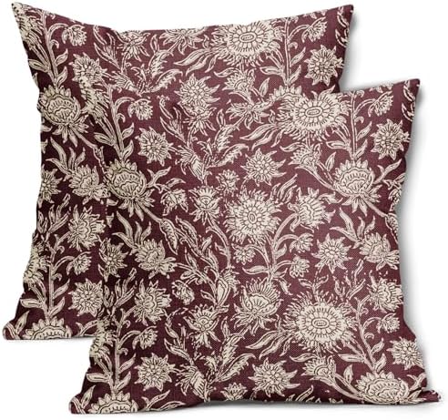 Burgundy Vintage Floral Pillow Covers 18x18 Inch Set of 2 Neutral
