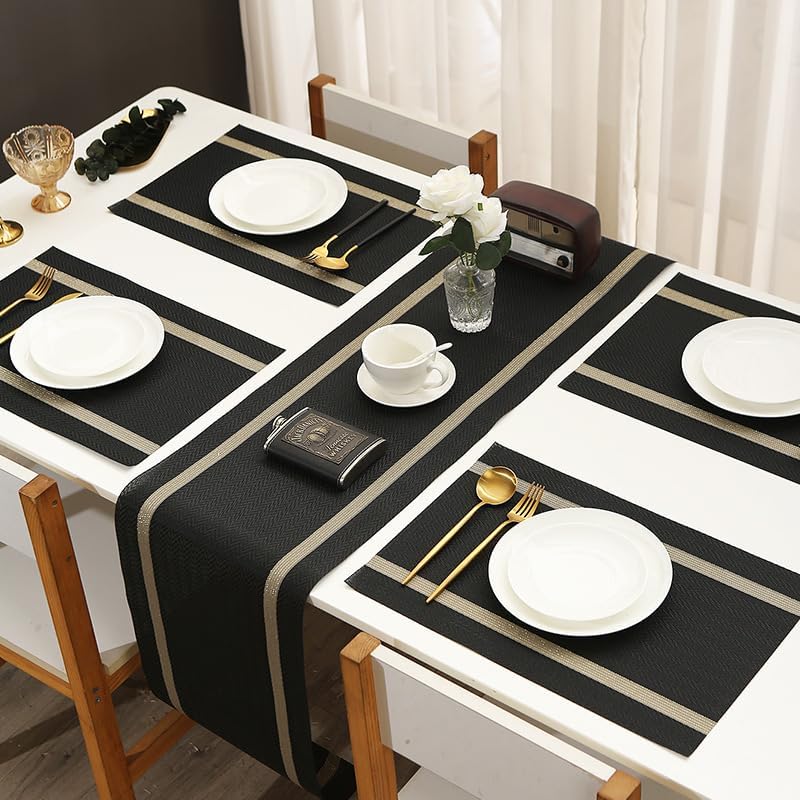FAVE Woven Vinyl Table Runner 120x12 Inch Black with Gold Threads