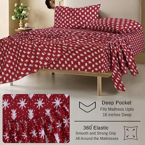 RUVANTI 100% Cotton Flannel Sheets King Size, 4 PCs, Red Christmas