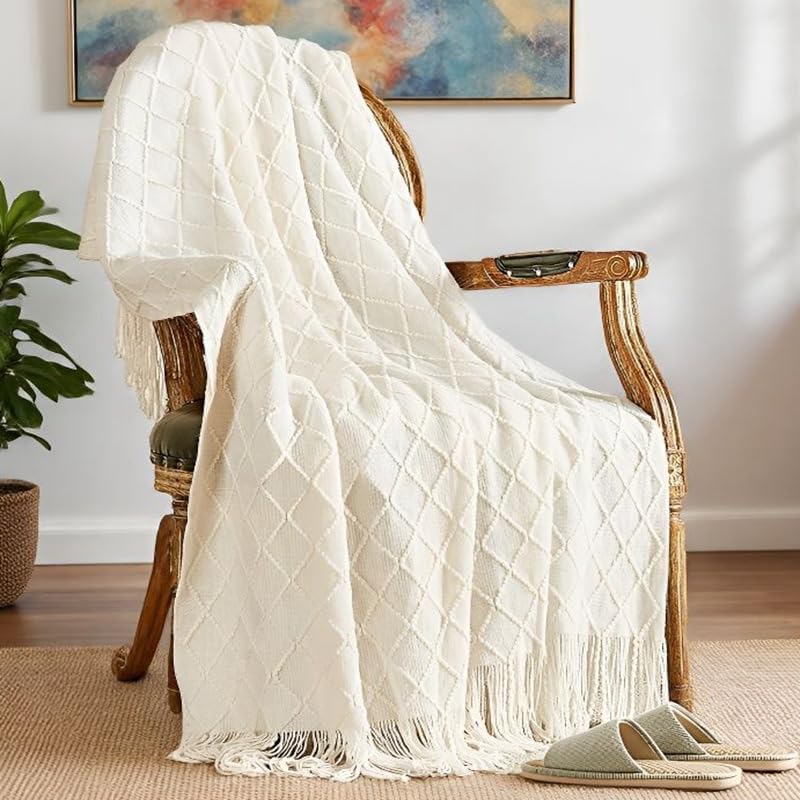 Boho Knitted Throw Blanket Farmhouse Soft Couch Sofa Decorative Knit