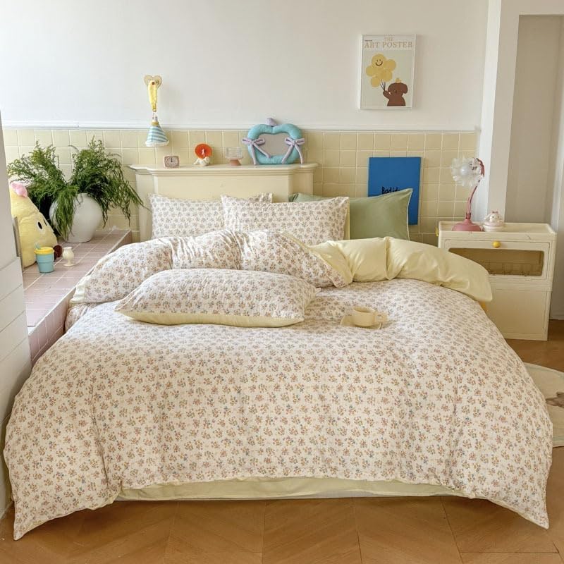 Queen Size Duvet Cover Set, Floral Knitted Cotton Bedding Comforter