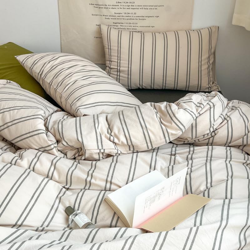 Striped Duvet Cover King Size Beige Grey Green Stripes Bedding Set