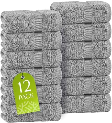 Wealuxe Light Gray Washcloths - 12 Pack, 12x12, Soft 100% Ring-Spun