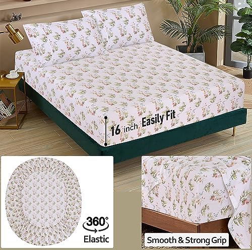 RUVANTI 100% Cotton Split King Sheets, Percale Sheet Set, Floral Bliss