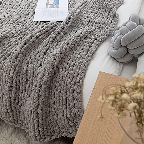 Gray Chunky Chenille Knit Throw Blanket 50x60 Inch Sofa Bed Couch