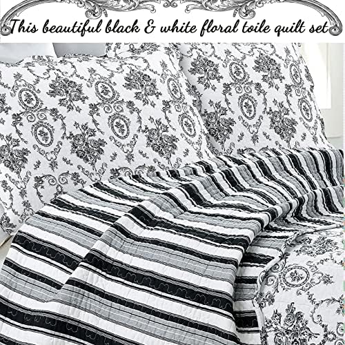 Cozy Line Home Fashions French Medallion Black White Grey Rose Flower