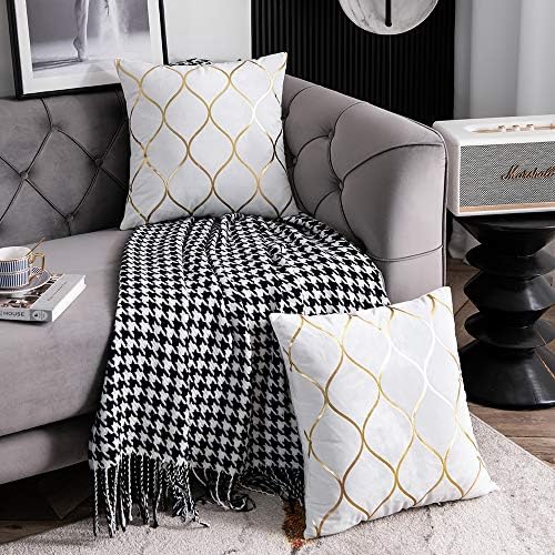 DEZENE Gold Velvet Throw Pillow Covers Off White: 2 Pack 20x20 Inch