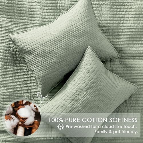 palassio 100% Cotton Striped Channel Quilt Set King Size, Sage Green