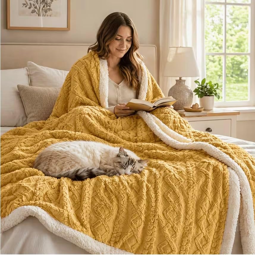 Stella & Sage Reversible Sherpa Throw Blanket, 60x80 inches, Mustard
