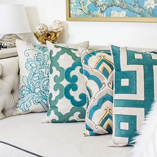 Embroidered Linen Throw Pillow Cover, Raybrook Tan and Teal Floral