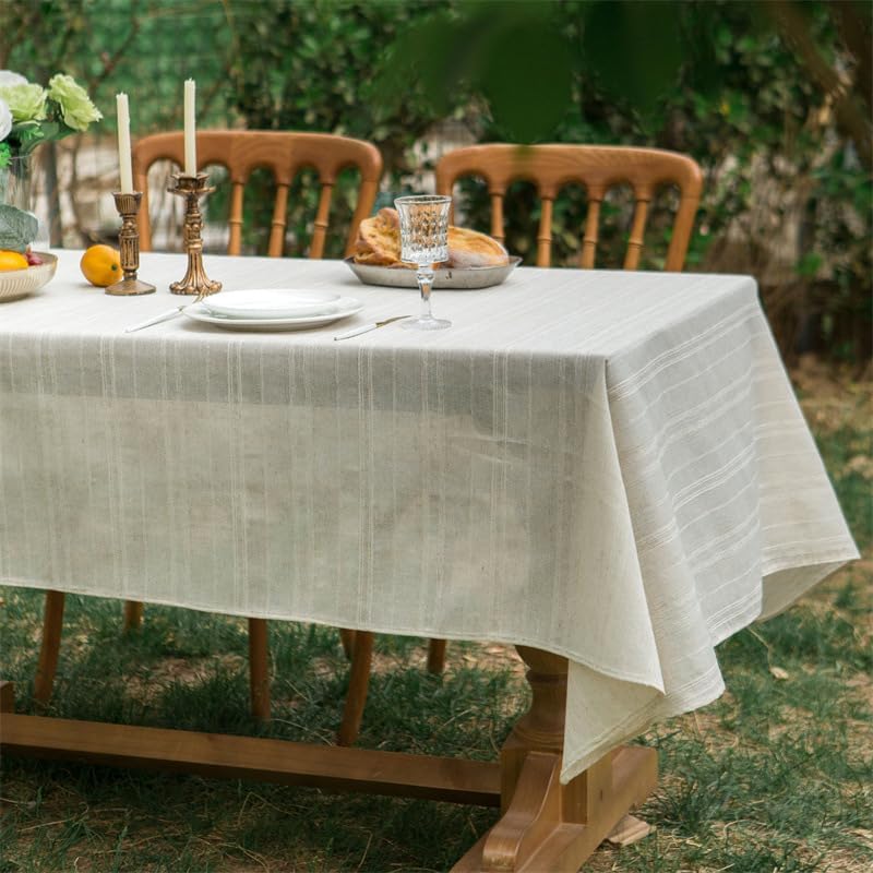 AMZALI Natural Linen Tablecloth 55 x 70 Inch - Farmhouse Style Table