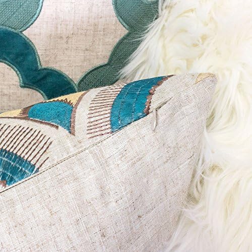 Embroidered Linen Throw Pillow Cover, Raybrook Tan and Teal Floral