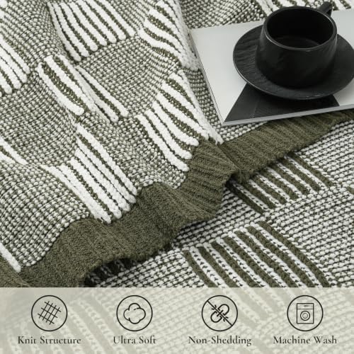 Amélie Home Checkered Knit Throw Blanket for Couch, Olive Green
