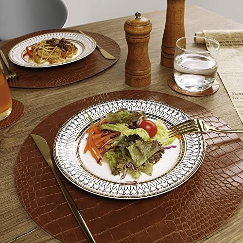 Round Leather Placemats for Round Tables Set of 6, Brown Table Place