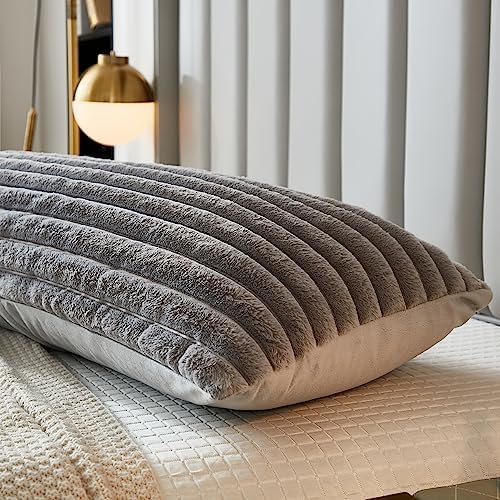Bed Pillowcase Queen Set of 2 Striped Faux Rabbit Fur and Velvet Back
