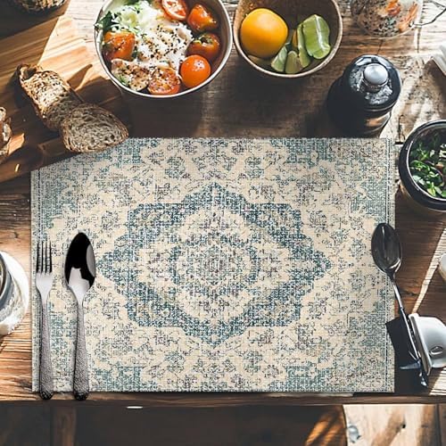 Placemats Set of 8, Beige Green Boho Woven Placemat, Linen Place Mats