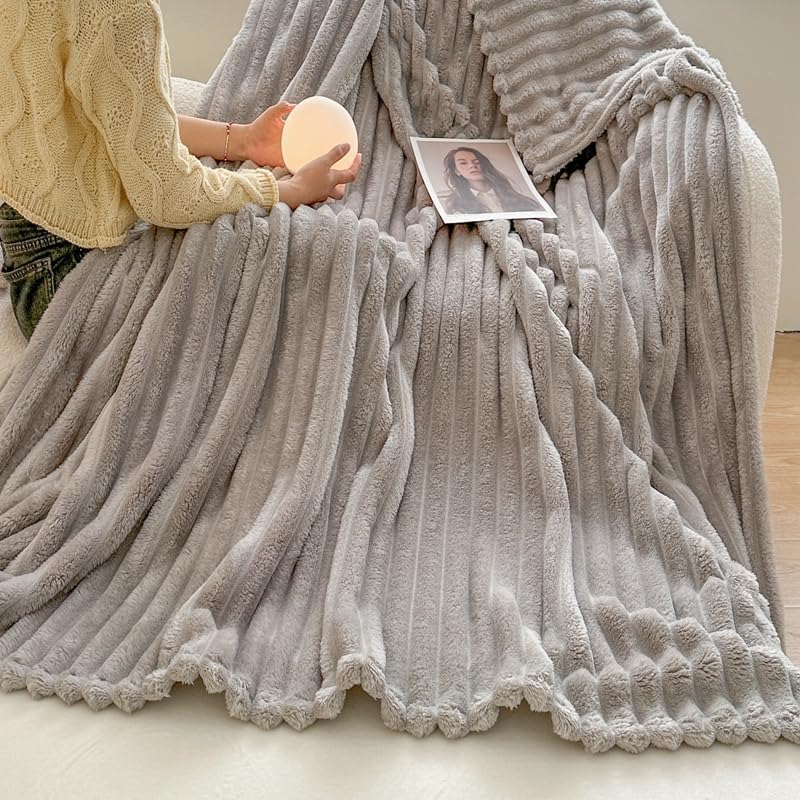 Fleece Throw Blanket, Soft Cozy Fluffy Striped Blanket for Couch Sofa