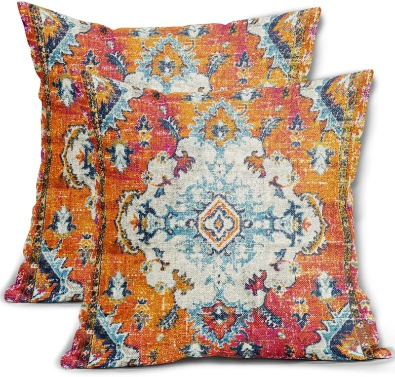 Orange Teal Boho Vintage Pillow Covers 20X20 Inch Bohemian Carpet