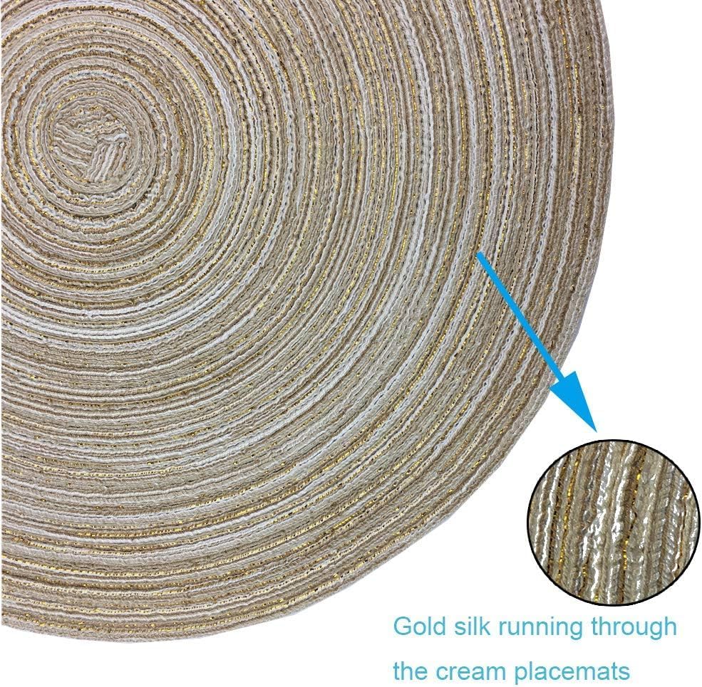 WAZAIGUR 14inch Round Placemats Set of 8 Table Mats, Cream with Golden