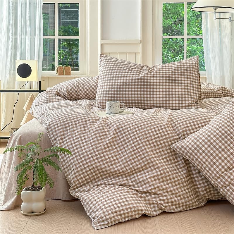 Nayoroom Brown Gingham Duvet Cover Set King Tan Plaid Checkered