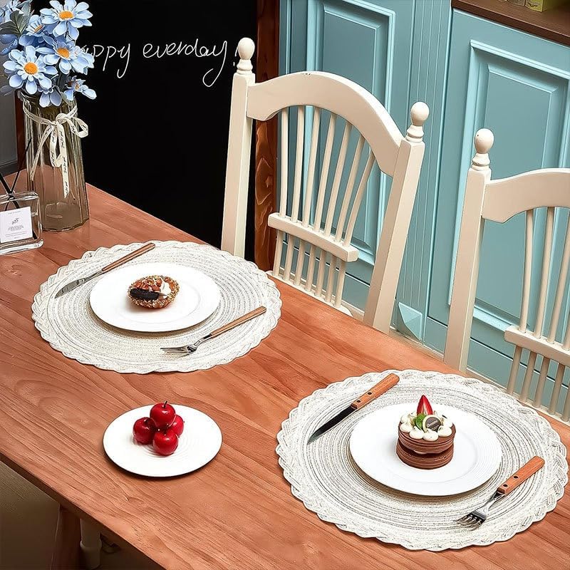 Woven Cotton Placemat, Round Natural Fiber Dining Table Mat with